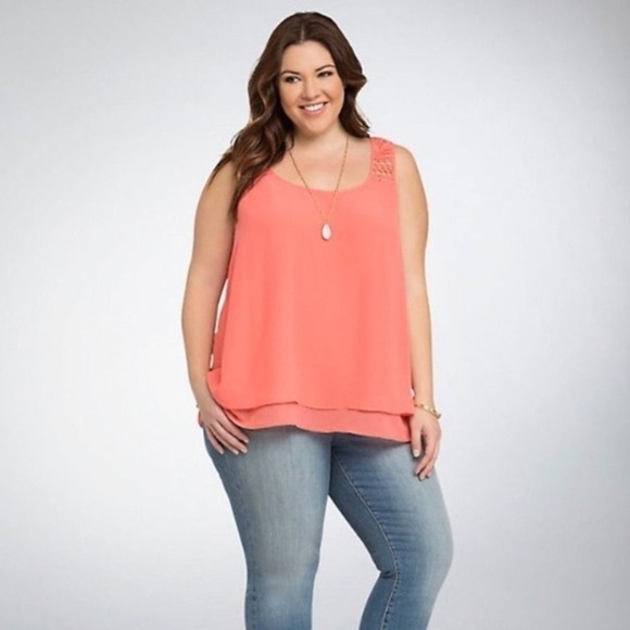 ✨Torrid Coral Tank Top Crochet Detail Sleeveless Layered Casual Blouse Size 00 - Picture 2 of 5